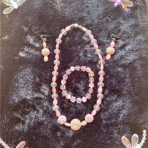 Pink Floral Bead Necklace, Bracelet & Earring Set - Handmade by Eveyln